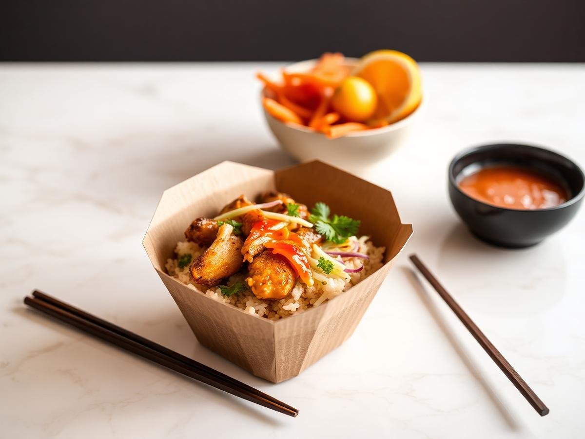 Freshly prepared Tangy Bliss rice bowl packed for takeaway